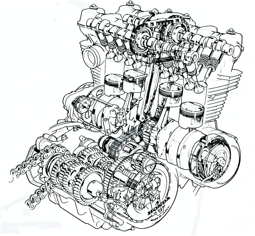 Questa trasparenza di un motore Honda CB 900 F consente di osservare tra l&rsquo;altro la trasmissione primaria di tipo &ldquo;misto&rdquo; e le due catene di distribuzione, con relativi tenditori e pattini di guida