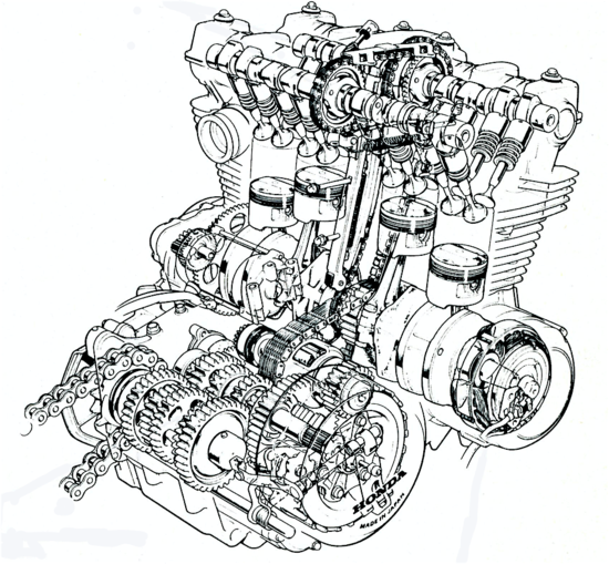 Questa trasparenza di un motore Honda CB 900 F consente di osservare tra l’altro la trasmissione primaria di tipo “misto” e le due catene di distribuzione, con relativi tenditori e pattini di guida