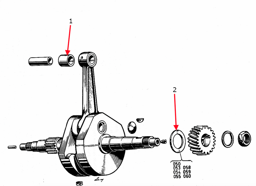 In questo disegno relativa all’albero a gomito di un monocilindrico Ducati dei primi anni Settanta si possono osservare la bussola in bronzo che viene inserita con forzamento nel piede di biella (1) e la rondella di rasamento che regola il gioco assiale dell’albero stesso (2), disponibile in ben sette spessori diversi!