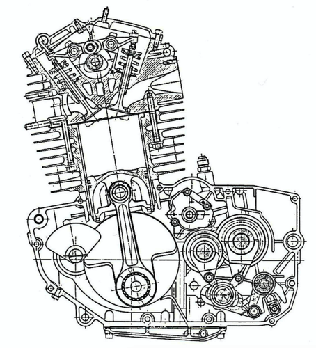 La sezione consente di apprezzare chiaramente la semplice e razionale struttura del motore Rotax. L’albero a camme, comandato da una cinghia dentata, aziona quattro valvole inclinate tra loro di 49°. Si può notare l’albero ausiliario di equilibratura collocato nella parte anteriore del basamento