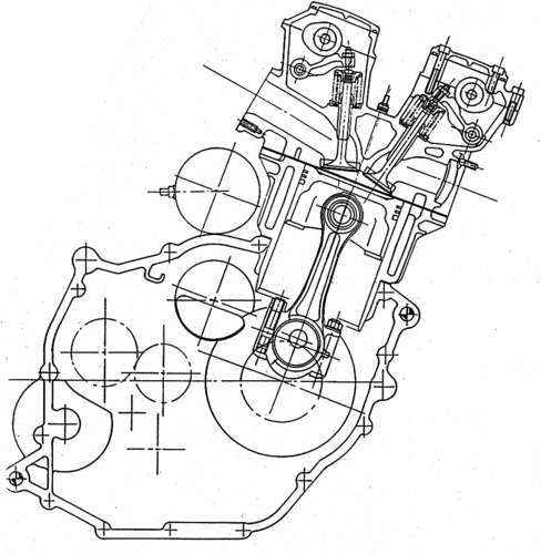 Sezione schematica del monocilindrico Gilera bialbero. Si possono osservare chiaramente i bilancieri a dito (con registro filettato) sui quali agiscono gli alberi a camme, al cui azionamento provvede una cinghia dentata posta sul lato sinistro