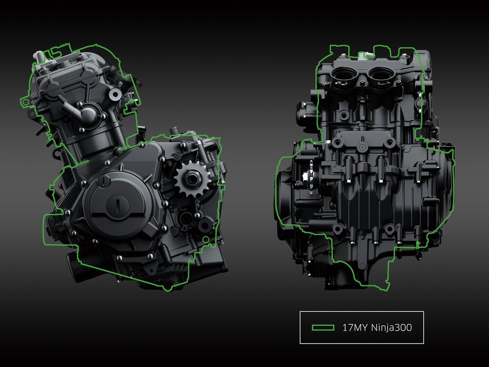 Lo spaccato del motore della Ninja 400 con il profilo dell'esemplare precedente