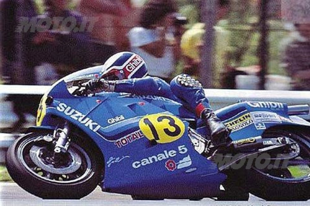 La Suzuki XR40 del Team Gallina in azione con Uncini nell'82, anno in cui vinse il Mondiale 500 