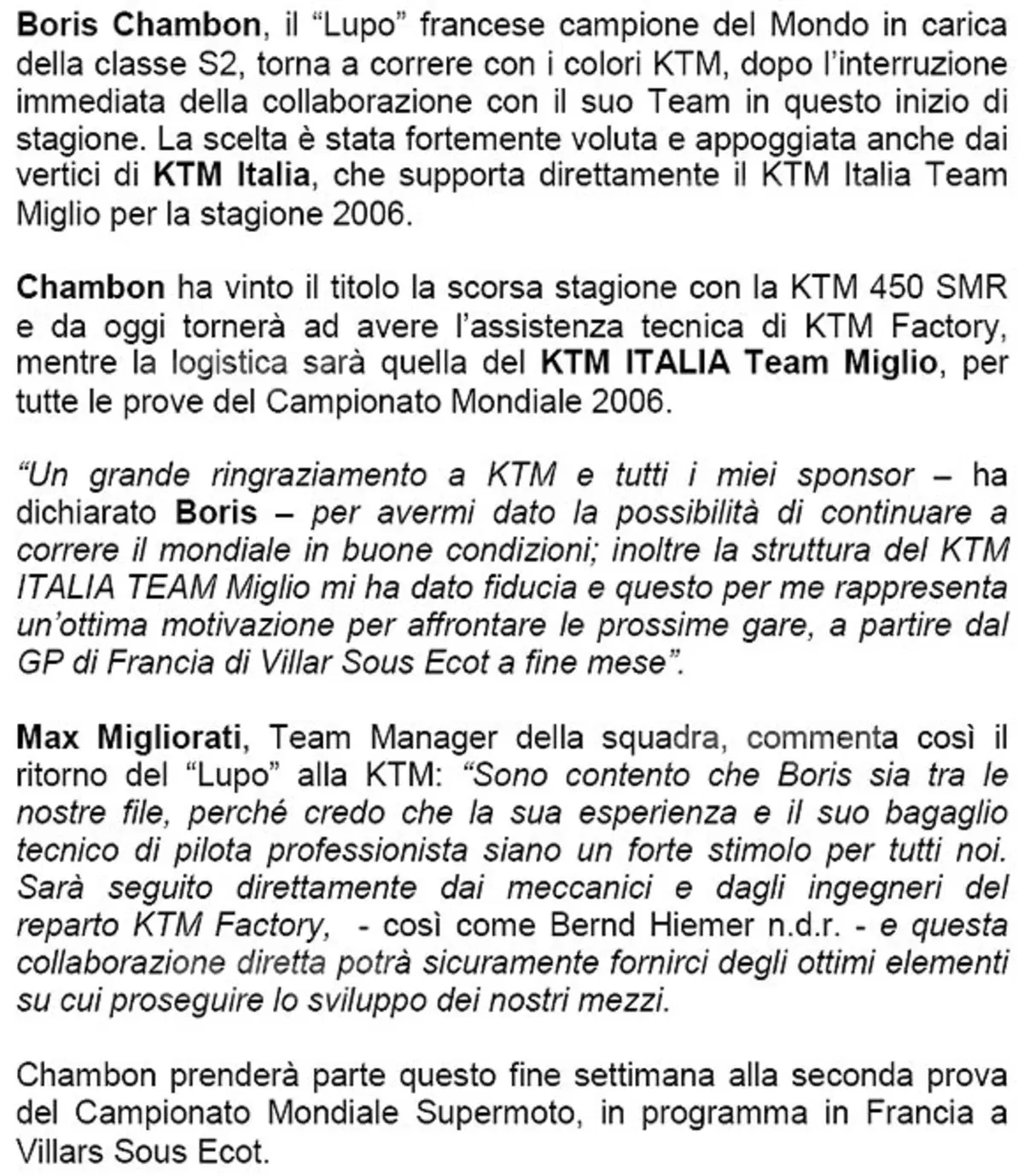 Boris Chambon torna alla KTM, Team Miglio