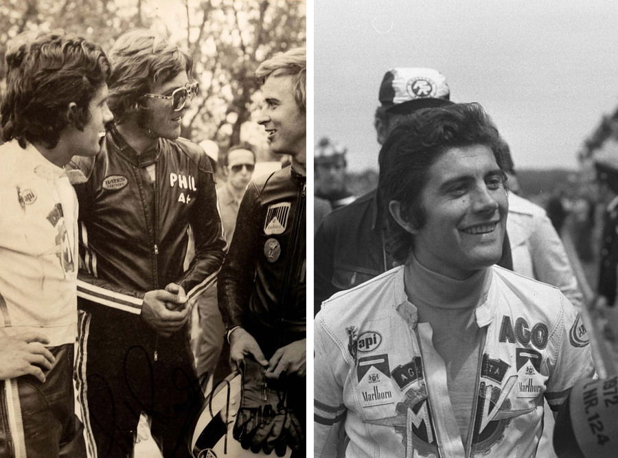 Agostini con Phil Read con tanto di basettoni e occhialoni e Jarno Saarinen. 1971, Imola. 