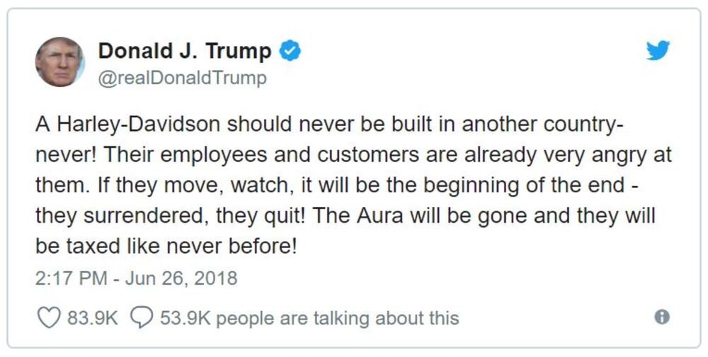 Il Tweet del presidente USA Donald Trump a proposito della delocalizzazione annunciata da H-D