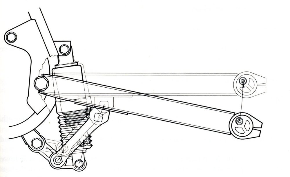 Questa &egrave; la seconda versione della sospensione Uni-trak della Kawasaki. Come si pu&ograve; osservare l&rsquo;ammortizzatore &egrave; collegato superiormente al telaio e inferiormente a una estremit&agrave; della manovella del leveraggio articolato