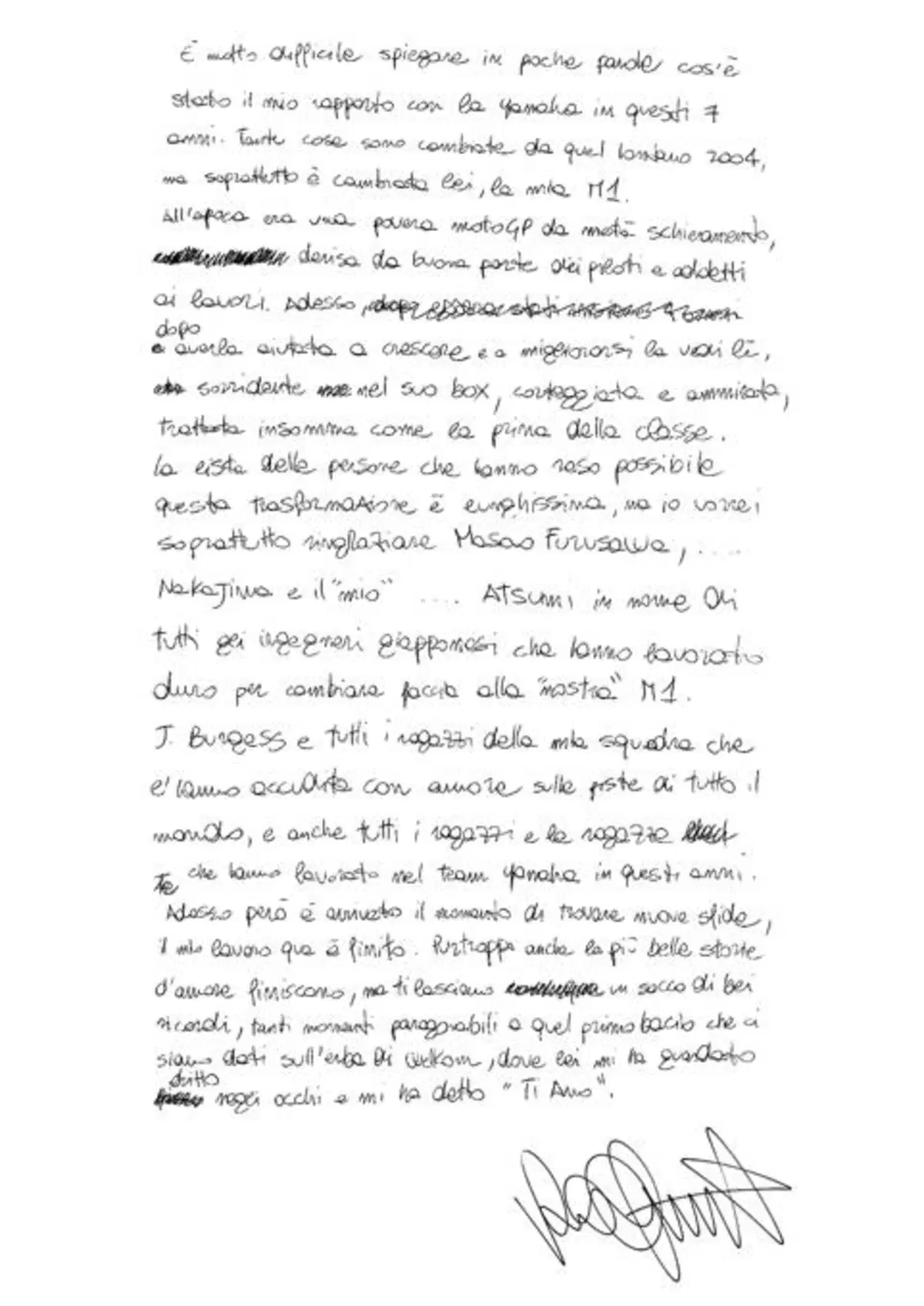 Il manoscritto di Rossi dell'addio a Yamaha