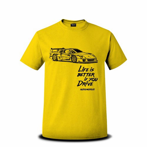 T-shirt con logo vintage della Ferrari F40 e scritta Life is better if you drive