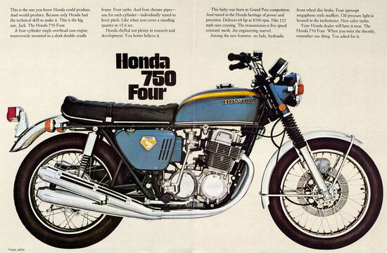 La Honda CB 750 Four è stata una autentica pietra miliare nella storia della moto, con il suo motore a quattro cilindri in linea trasversale e il freno anteriore a disco con comando idraulico. Le prestazioni erano ottime e l’affidabilità straordinaria