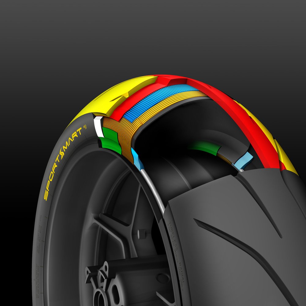Il Dunlop Sportsmart Mk3 posteriore. Notare la mescola centrale (rosso) che si estende sotto quella della spalla (gialla)