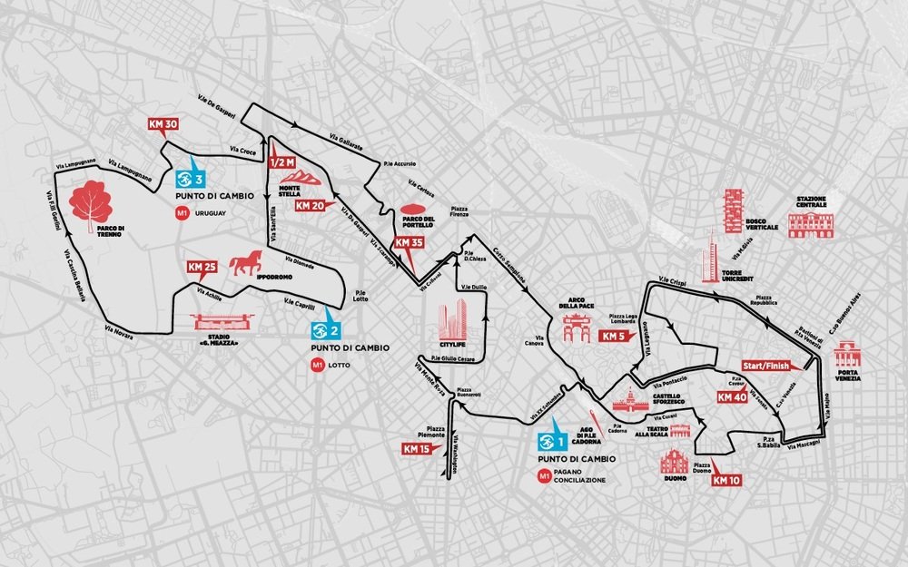 Il percorso della Milano Marathon con i punti di cambio