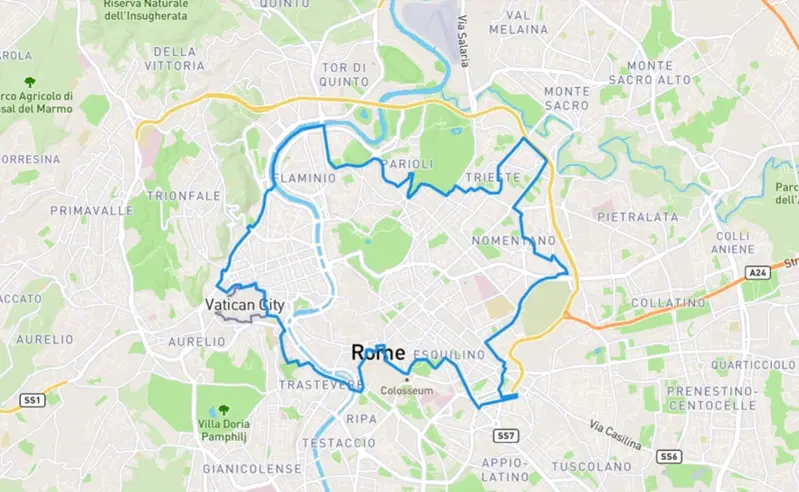 Il perimetro di utilizzo per Cityscoot a Roma: l'intero centro, la zona universitaria, il cuore della movida di Ponte Milvio e del quartier di San Lorenzo...