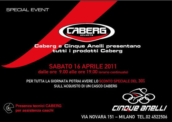 Sabato 16 aprile Caberg Day presso Cinque Anelli a Milano