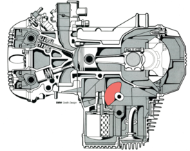 Nei tricilindrici in linea sono squilibrate le coppie e per abbattere le vibrazioni da esse generate si impiega un singolo albero ausiliario di equilibratura, mostrato in colore in questa sezione di un motore BMW K75 degli anni Ottanta