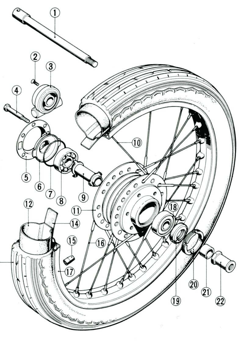 Vista esplosa di una ruota di una moto stradale giapponese degli anni Settanta. Si possono notare la disposizione dei raggi e i cuscinetti del mozzo, con relativo distanziale