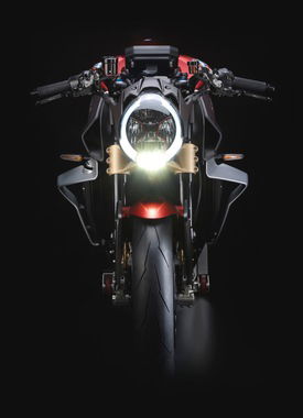 La vista frontale della MV Agusta Brutale 1000RR, con le appendici alari in bella vista