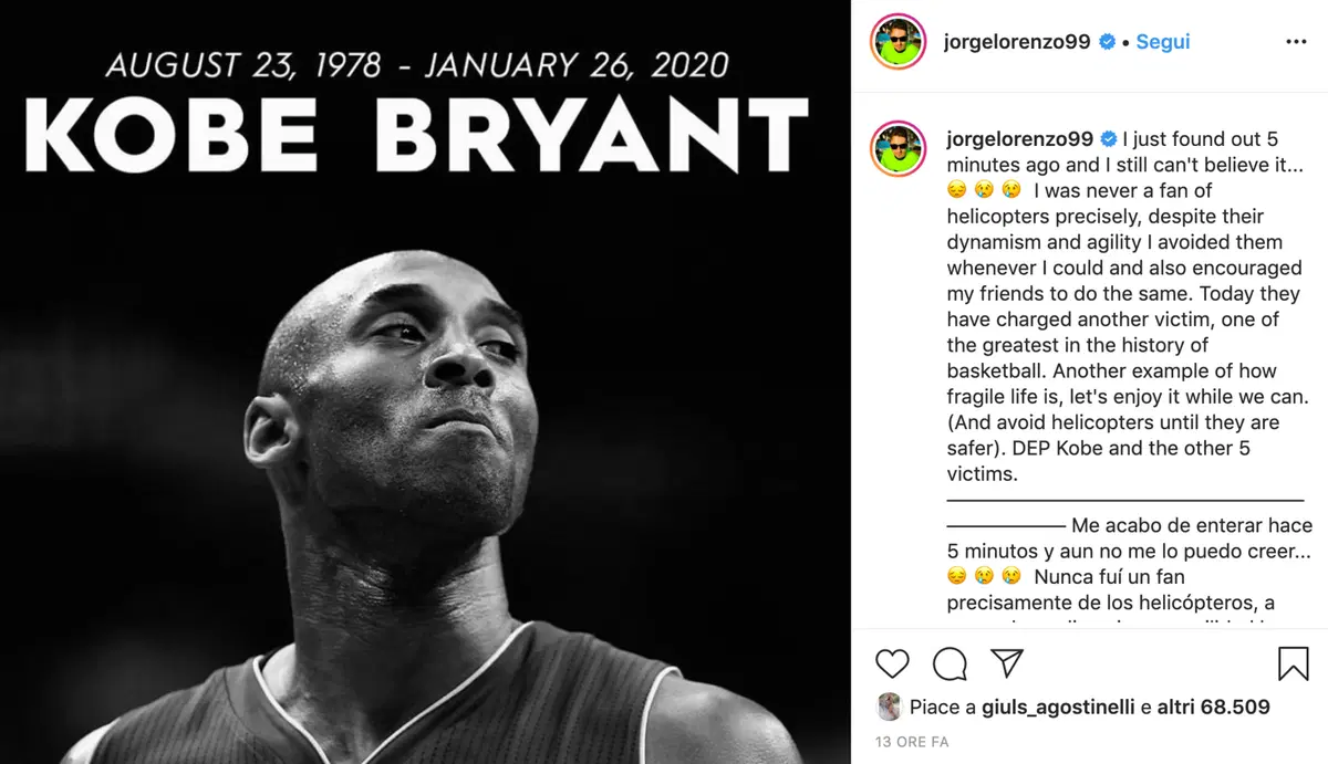 Kobe Bryant, il cordoglio dei piloti