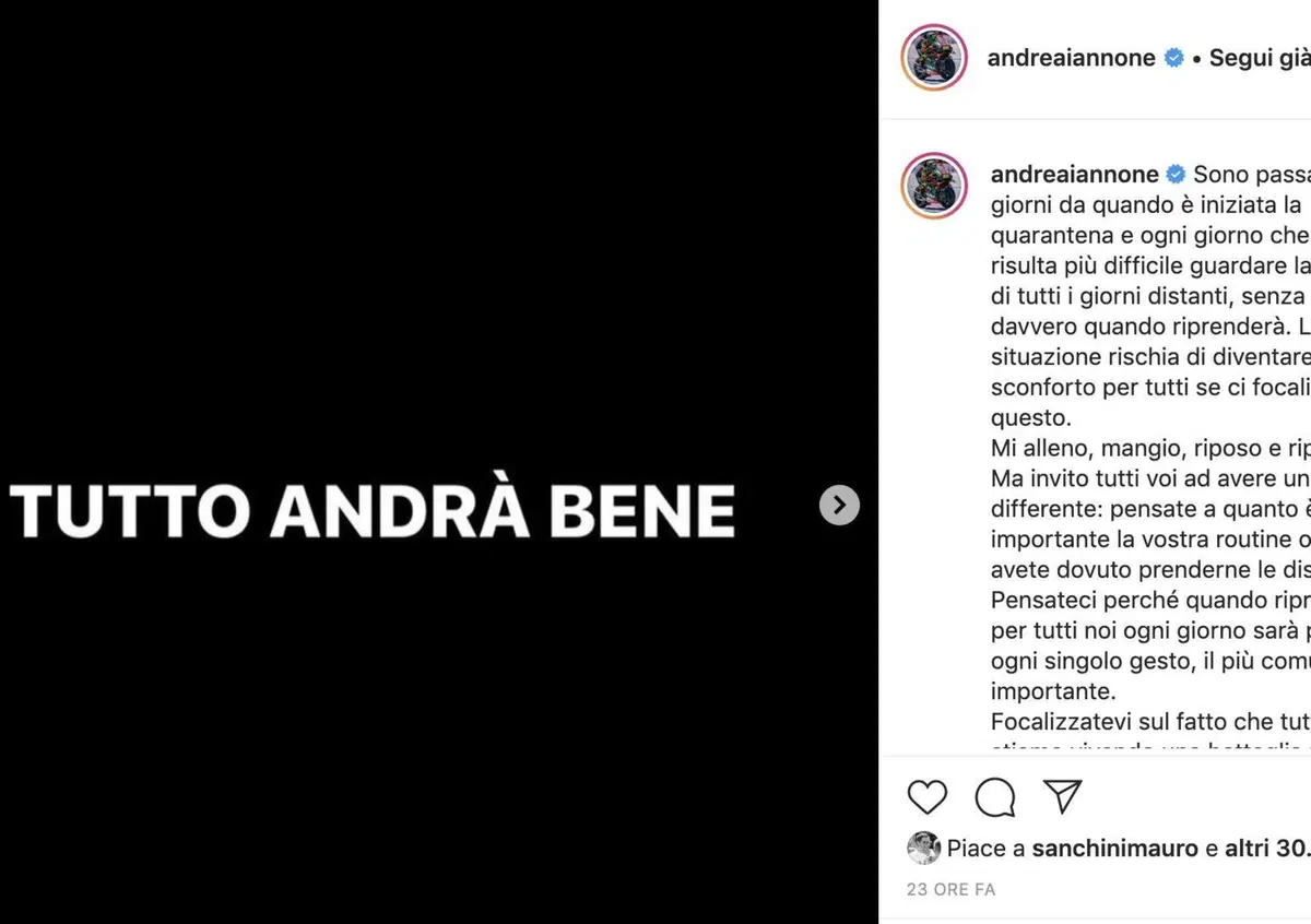 Andrea Iannone su Instagram: "Tutto andr&agrave; bene"