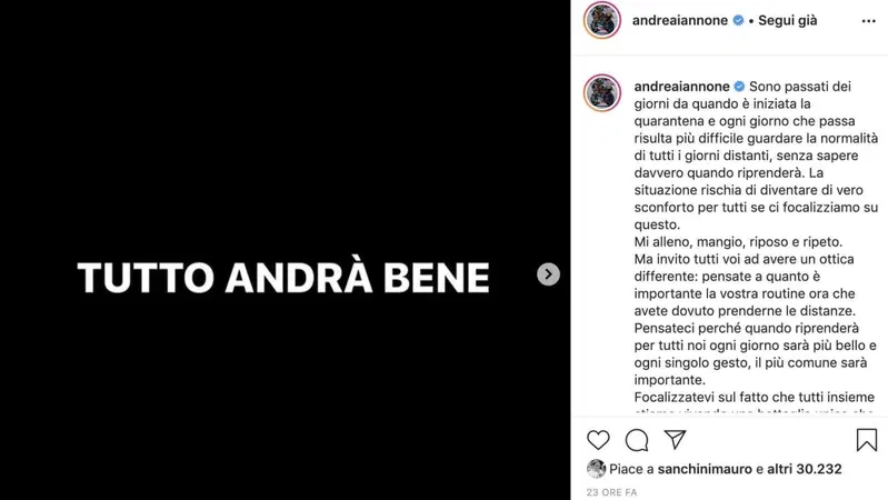 Andrea Iannone su Instagram: "Tutto andr&agrave; bene"