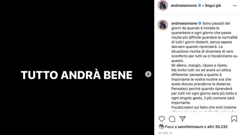 Andrea Iannone su Instagram: &quot;Tutto andr&agrave; bene&quot;