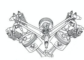 2- Schema della distribuzione della Honda CX 500, entrata in produzione nel 1978. Le aste venivano comandate da un albero a camme collocato nella parte superiore del basamento. Come si può osservare nel disegno, ciascuna di esse azionava due valvole