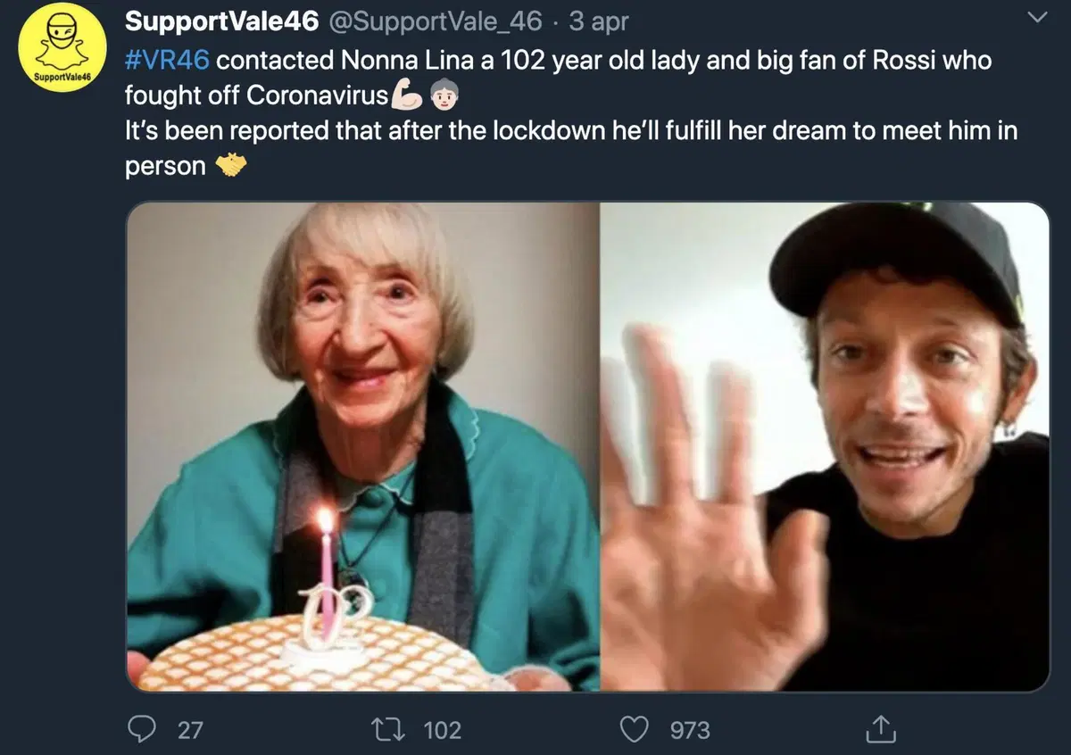 Valentino Rossi alla 102enne guarita dal Coronavirus: "Lei &egrave; molto pi&ugrave; tosta di me"