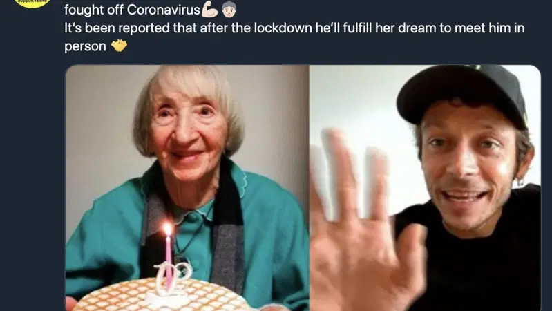 Valentino Rossi alla 102enne guarita dal Coronavirus: "Lei &egrave; molto pi&ugrave; tosta di me"