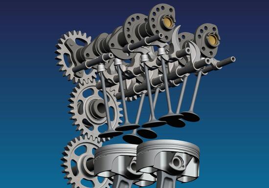 In questa immagine si possono osservare chiaramente la disposizione e la conformazione degli organi di comando delle valvole in un motore Ducati a quattro cilindri a V con distribuzione desmodromica