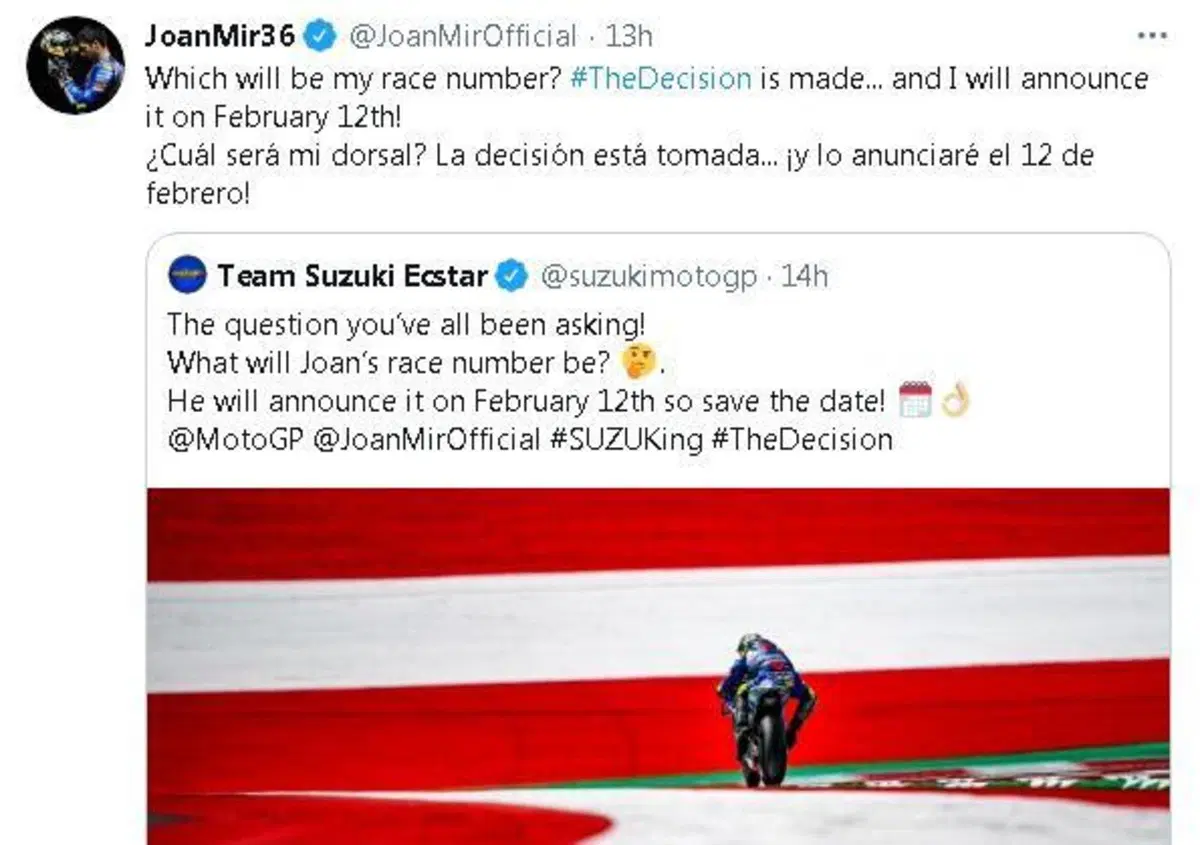 MotoGP 2021. Joan Mir con l&rsquo;1 o con il 36? La decisione &egrave; presa!
