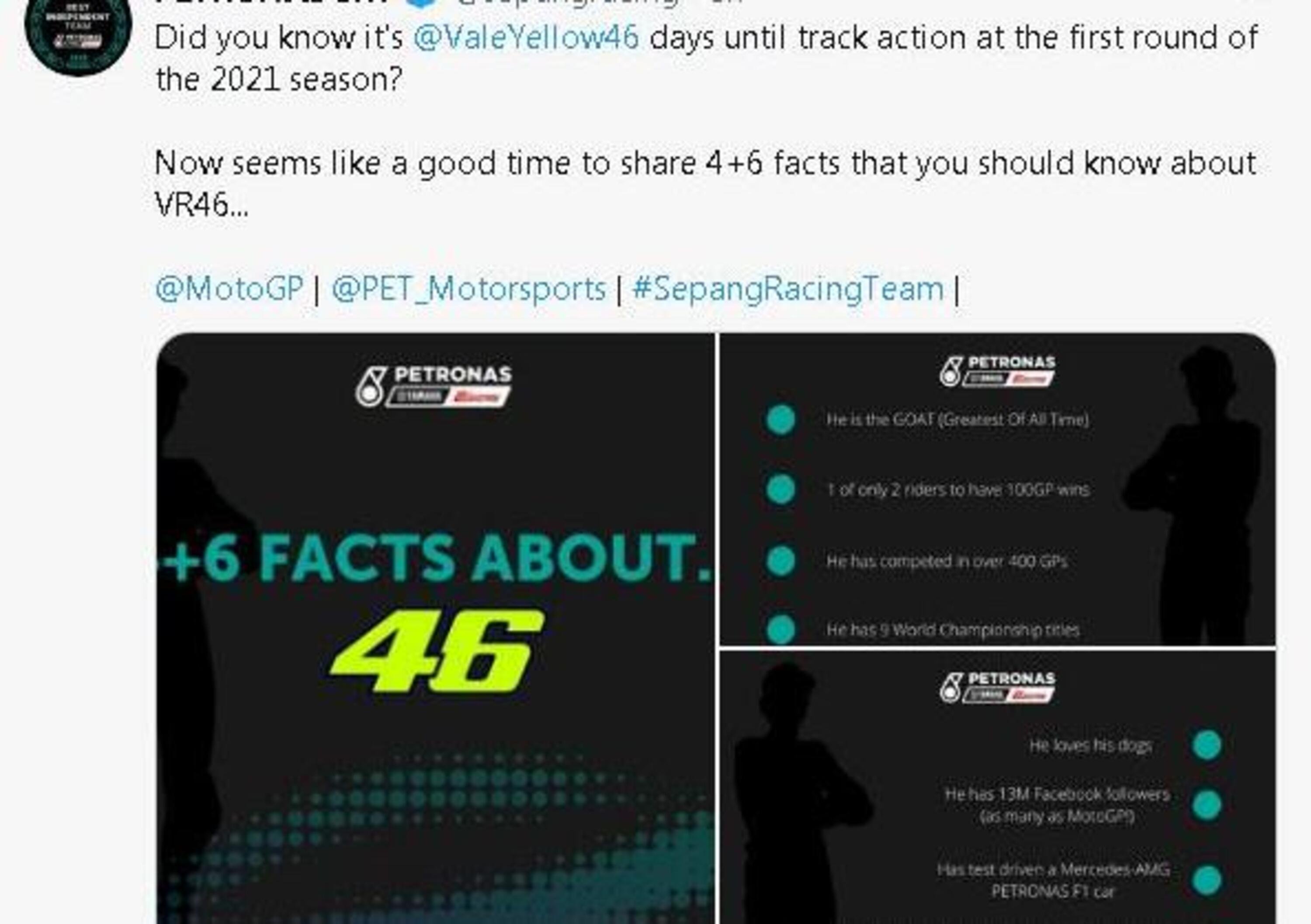 MotoGP. Petronas: &ldquo;Valentino Rossi &egrave; il pi&ugrave; grande di tutti i tempi&rdquo;. 4 + 6 ragioni sul 46