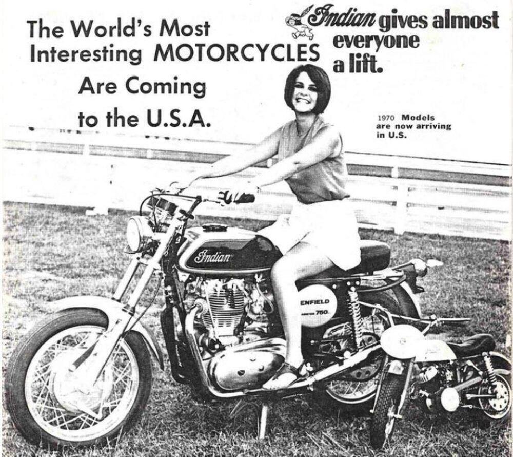 In questa pagina pubblicitaria pubblicata in una rivista americana verso la fine del 1969 spicca una bella Indian costruita dalla Italjet e dotata del poderoso motore Royal Enfield di 736 cm3