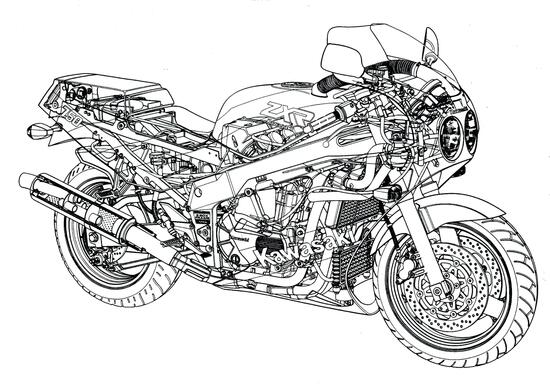 In questa trasparenza della ZXR 750 del 1989 si può tra l’altro osservare come il telaio a doppia trave in alluminio, completata da una culla inferiore amovibile, sia realizzato con uno schema analogo a quello della ZX-10. Sotto quello dell’acqua è ben visibile il grosso radiatore dell’olio