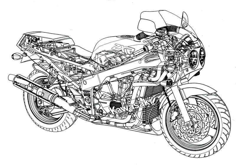 In questa trasparenza della ZXR 750 del 1989 si pu&ograve; tra l&rsquo;altro osservare come il telaio a doppia trave in alluminio, completata da una culla inferiore amovibile, sia realizzato con uno schema analogo a quello della ZX-10. Sotto quello dell&rsquo;acqua &egrave; ben visibile il grosso radiatore dell&rsquo;olio