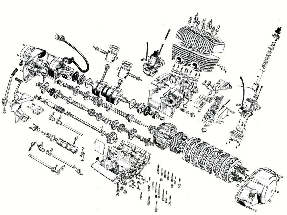 La vista esplosa consente di apprezzare chiaramente le principali caratteristiche costruttive del motore bicilindrico di 250 cm3 della Suzuki T20. Da questo modello stradale di serie &egrave; stato ricavata una versione da corsa che nel 1968 erogava 35 CV a 9000 giri/min
