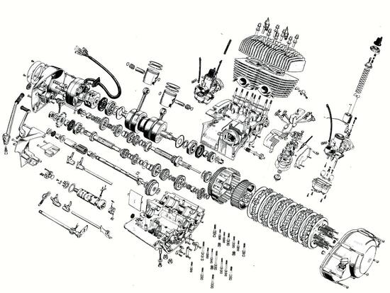 La vista esplosa consente di apprezzare chiaramente le principali caratteristiche costruttive del motore bicilindrico di 250 cm3 della Suzuki T20. Da questo modello stradale di serie è stato ricavata una versione da corsa che nel 1968 erogava 35 CV a 9000 giri/min