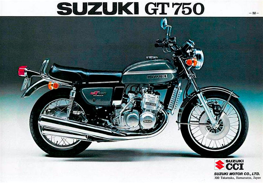 La Suzuki ha fatto il suo ingresso nel settore delle maximoto con la GT 750, presentata nel 1970. Il suo motore a tre cilindri in linea era raffreddato ad acqua ed erogava 67 CV a 6500 giri/min. Ogni cilindro aveva due condotti di travaso. Inizialmente questa moto era dotata di un freno anteriore a tamburo; in seguito per&ograve; esso &egrave; stato sostituito da un doppio disco