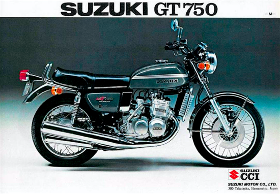 La Suzuki ha fatto il suo ingresso nel settore delle maximoto con la GT 750, presentata nel 1970. Il suo motore a tre cilindri in linea era raffreddato ad acqua ed erogava 67 CV a 6500 giri/min. Ogni cilindro aveva due condotti di travaso. Inizialmente questa moto era dotata di un freno anteriore a tamburo; in seguito però esso è stato sostituito da un doppio disco