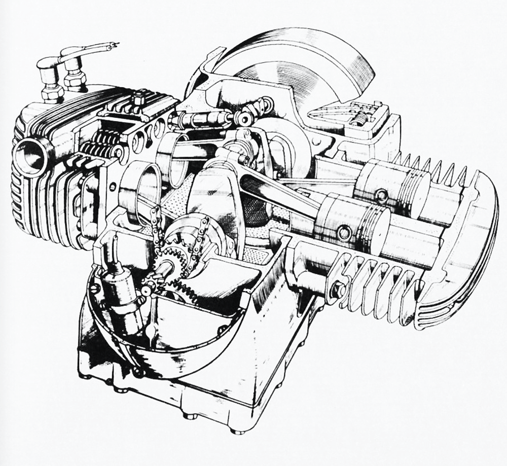 Il motore della K 800 ha fatto epoca. Entrato in produzione nel 1933 era a quattro cilindri contrapposti e aveva l&rsquo;albero a gomiti monolitico e le bielle con testa scomponibile. La distribuzione era a valvole laterali, con albero a camme nella parte superiore del basamento