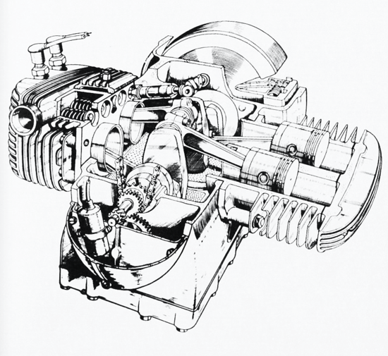 Il motore della K 800 ha fatto epoca. Entrato in produzione nel 1933 era a quattro cilindri contrapposti e aveva l’albero a gomiti monolitico e le bielle con testa scomponibile. La distribuzione era a valvole laterali, con albero a camme nella parte superiore del basamento