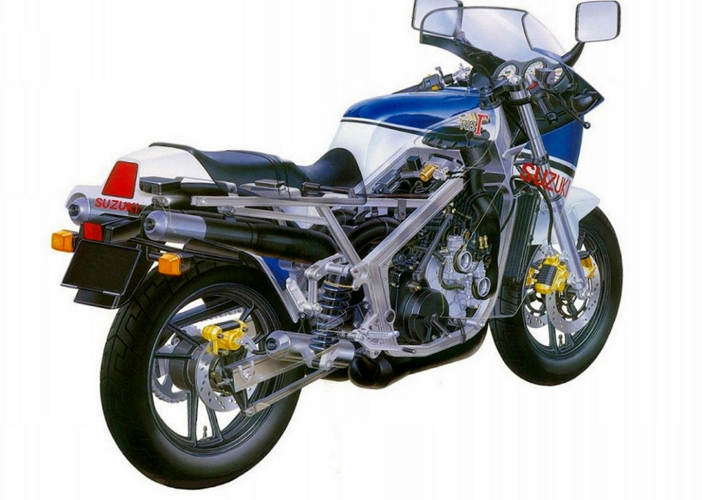 L&rsquo;architettura con quattro cilindri disposti in quadrato, &ldquo;lanciata&rdquo; dalla Suzuki, ha avuto una considerevole diffusione sulle 500 da GP con ammissione a disco rotante. Questa &egrave; una Kawasaki KR 500 del 1981 con telaio monoscocca in lega di alluminio