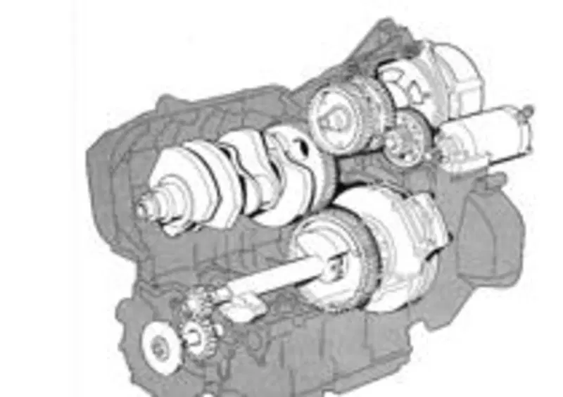 La BMW K75 apparsa nel 1985 aveva il motore tricilindrico &amp;quot;a sogliola&amp;quot; con raffreddamento ad acqua e albero ausiliario di equilibratura (evidenziato nell'immagine).

