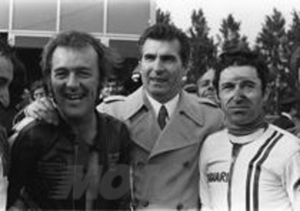 Da sinistra Paul Smart, Fredmano Spairani, Bruno Spaggiari dopo la doppietta del 1972
