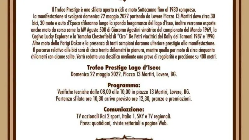 Trofeo Prestige a Lovere il 22 maggio
