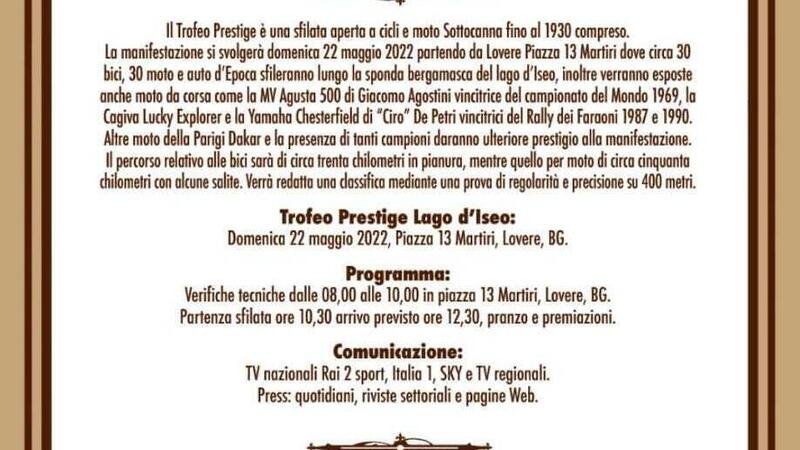 Trofeo Prestige a Lovere il 22 maggio