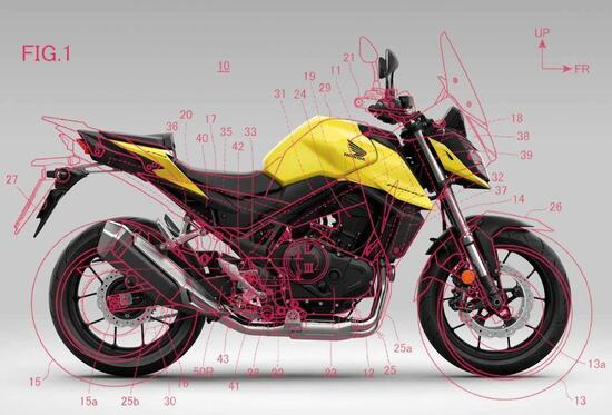 Una sovrapposizione fra disegno di brevetto Transalp e Hornet 750 fatta dal sito americano Cycle World