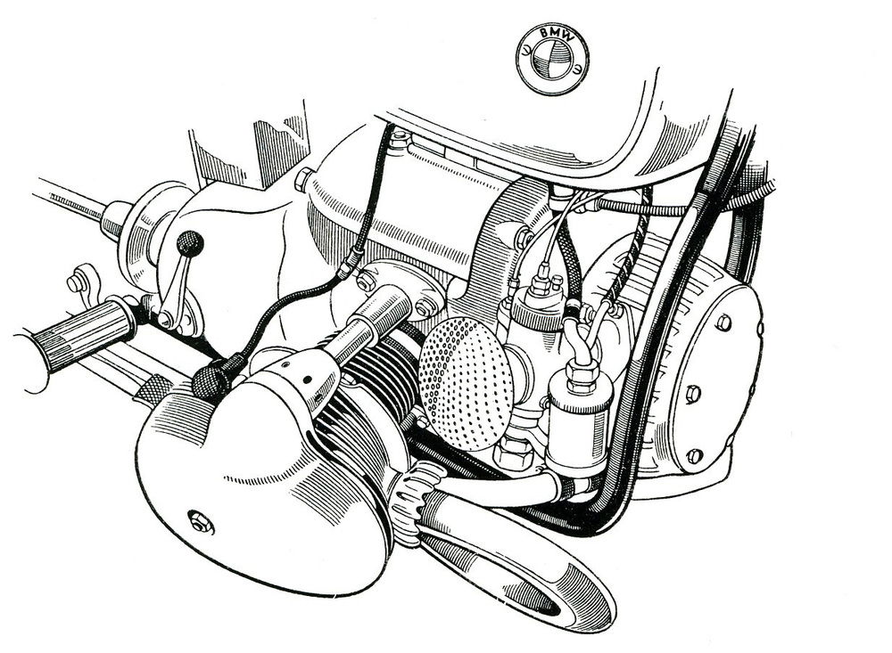 La BMW 500, grande protagonista della scena agonistica nella seconda metà degli anni Trenta, aveva la distribuzione di tipo monoalbero “sdoppiato” ed era dotata di un compressore a palette Zoller collocato nella parte anteriore del basamento