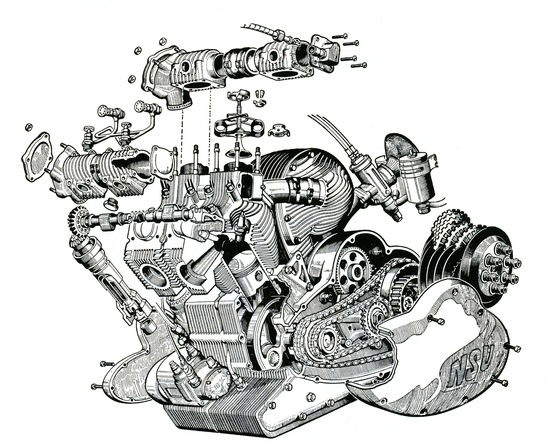 L'NSU bicilindrico sovralimentato è stato realizzato in 350 e 500 cc. La 500 nel 1956 ha portato il record di velocità a 339 km/h