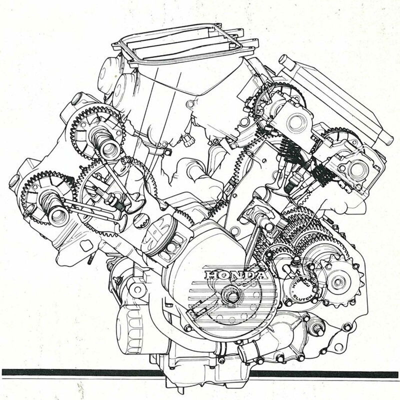 La trasparenza del V4 della prima VFR 750F con distribuzione comandata da ingranaggi