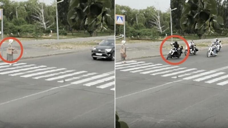 [VIDEO] Nessuno lascia attraversare l&#039;anziana, a farlo ci pensa il motociclista! 